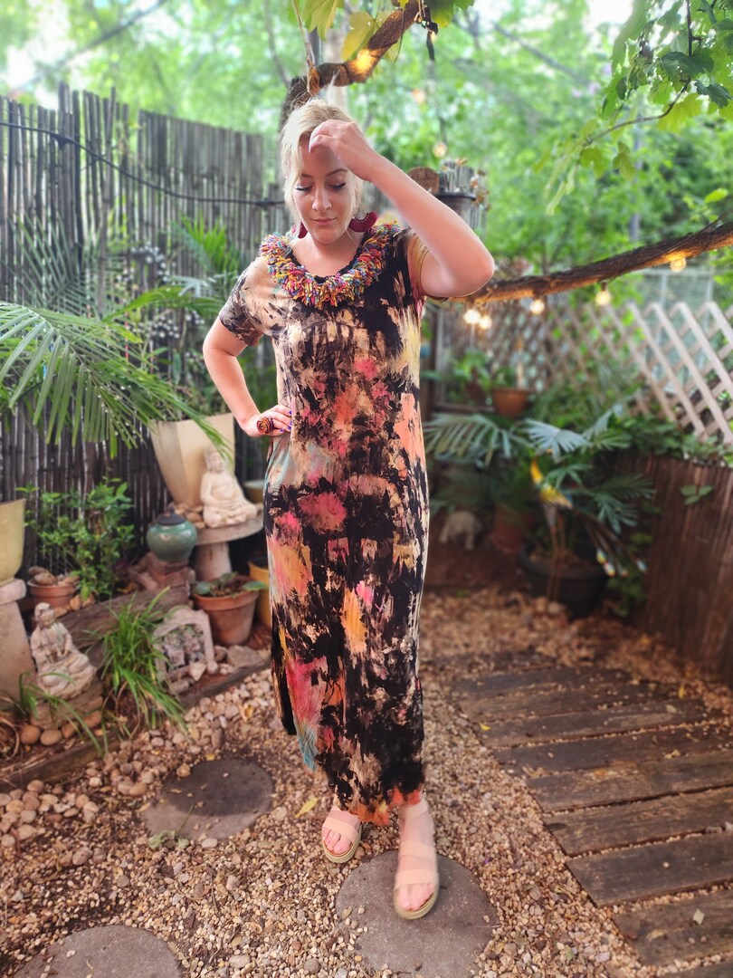 tie dye dresses for women Hand-Dyed Side Slit Maxi Dress | V-Neck Viscose Stretch Crepe fabric Multi-Color Tie Dye Dress with